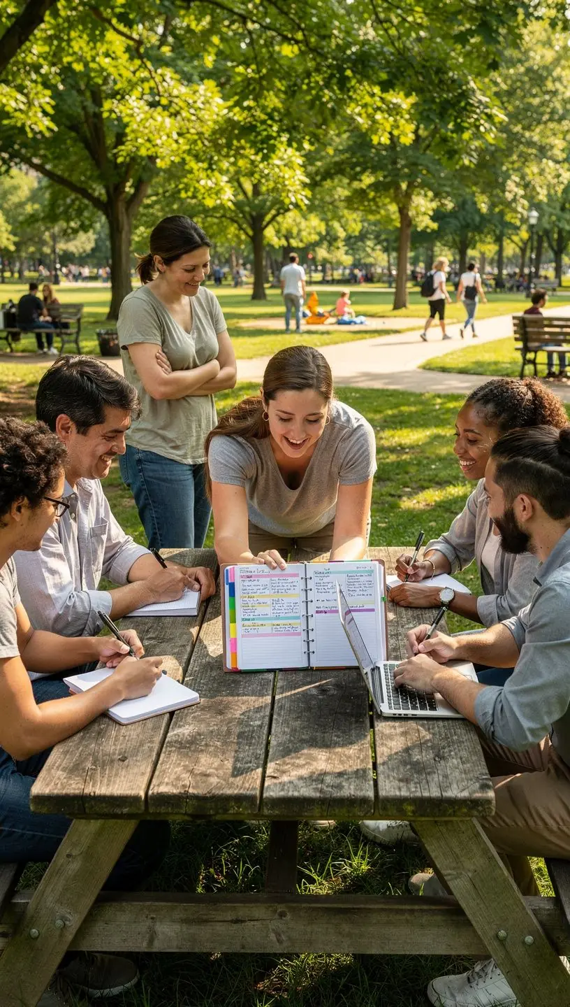 Person reviewing tasks on a planner for weekly organization.